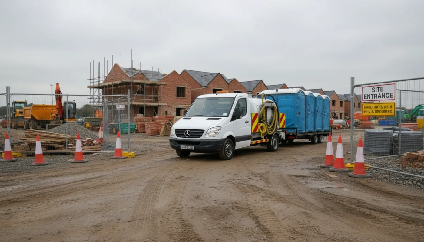 PremierPlus van delivering a portable site toilet and welfare unit to a new-build construction site in Berkshire