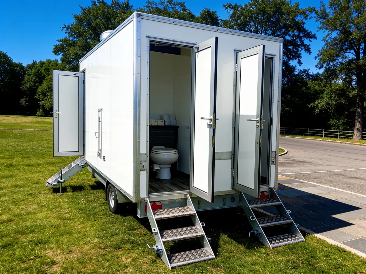 PremierPlus luxury toilet trailer with doors open on location for a film production
