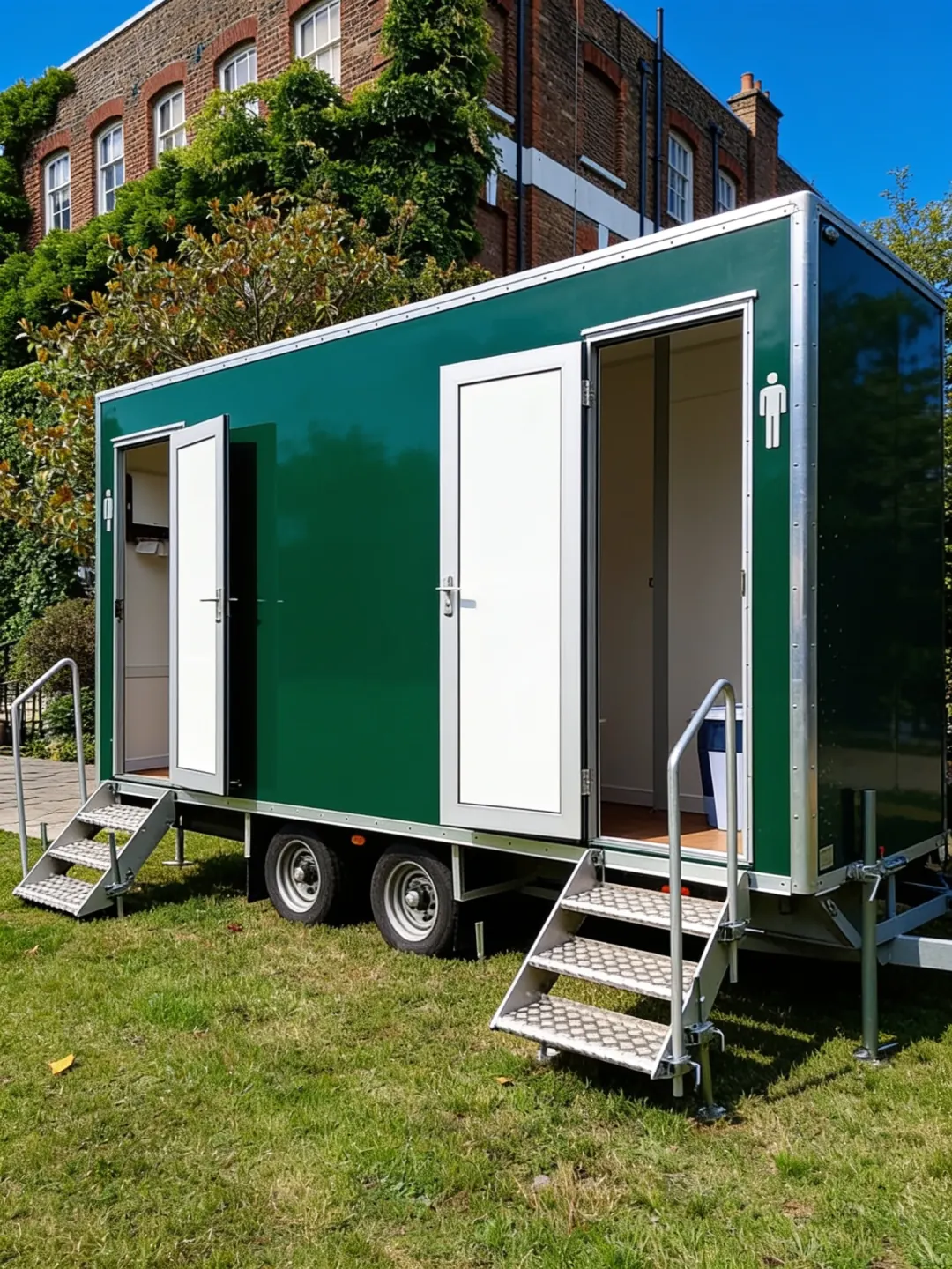 Green 2+1 mains luxury toilet trailer with twin entrance steps set up on grass