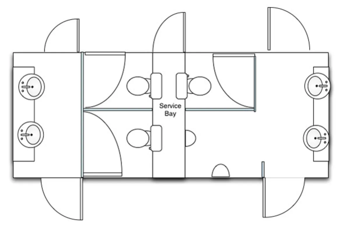 2+1 mains luxury toilet trailer floor plan showing hand basins at both ends, a central service bay, two ladies cubicles, a gents cubicle and a urinal