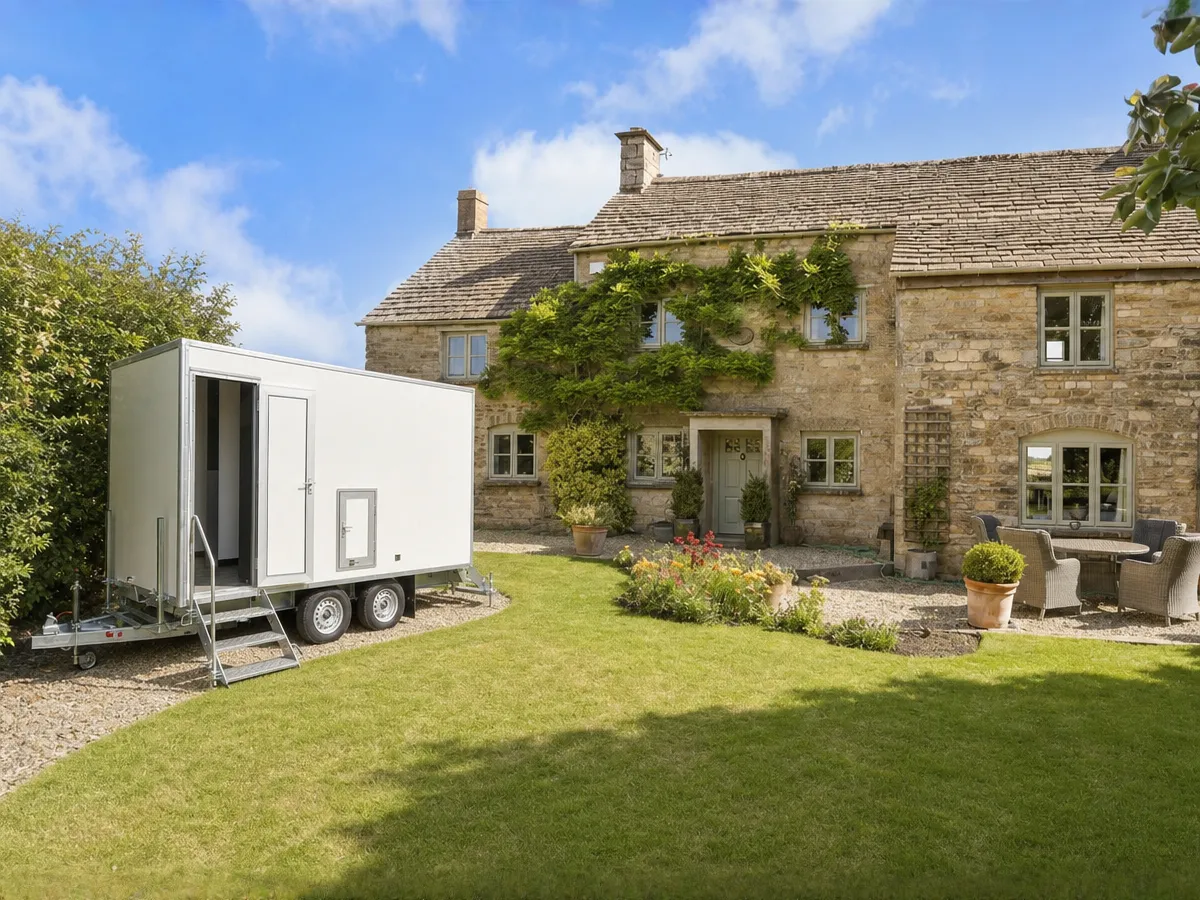 Luxury toilet trailer exterior at a Cotswold cottage venue