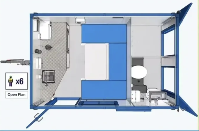 Welfare unit floor plan showing open plan layout for 6 workers